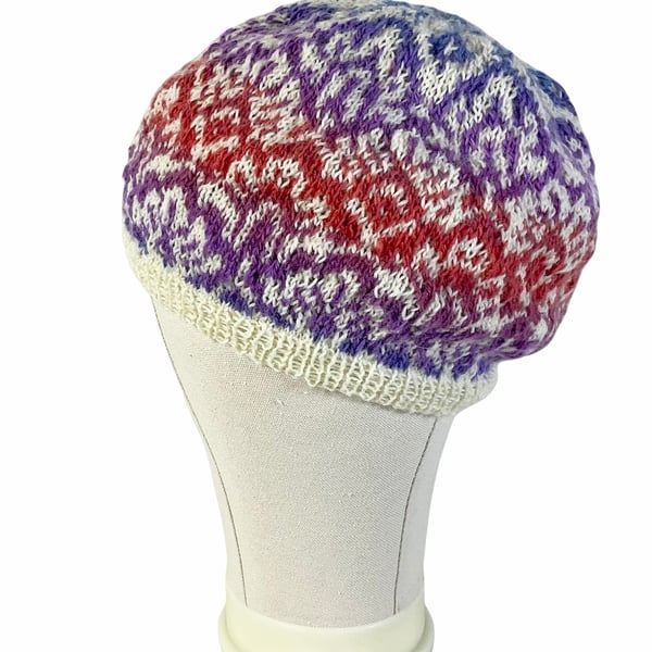 stranded hat with a colourful clouds pattern Norwegian rainbow beret, slouchy 