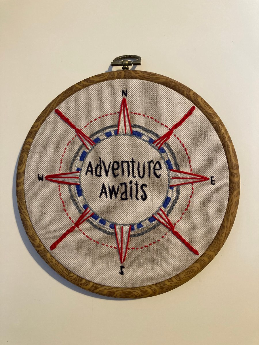 Adventure Awaits hand embroidered hoop picture 