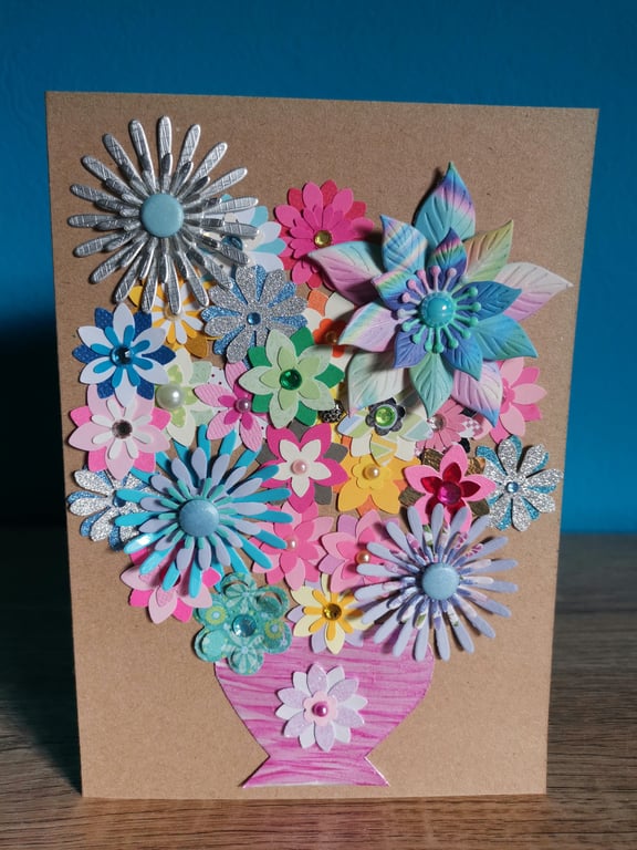 Multicoloured flowers luxury handmade greeting keepsake  card 