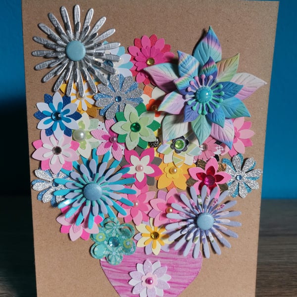 Multicoloured flowers luxury handmade greeting keepsake  card 
