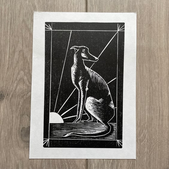 Lino Print Dog With Sun - Mini Artwork - Art Deco Style - Greyhound Gift