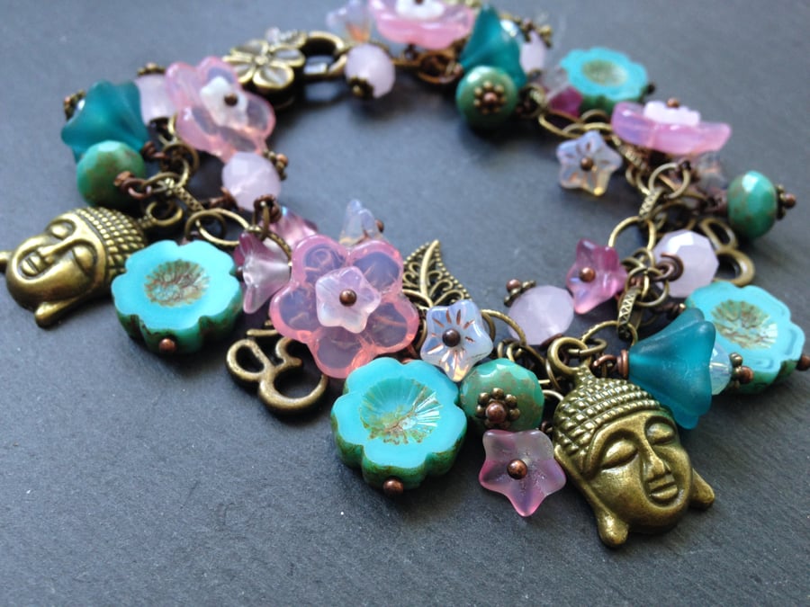 Buddha Charm Bracelet  Eastern Charm Bracelet Czech Glass