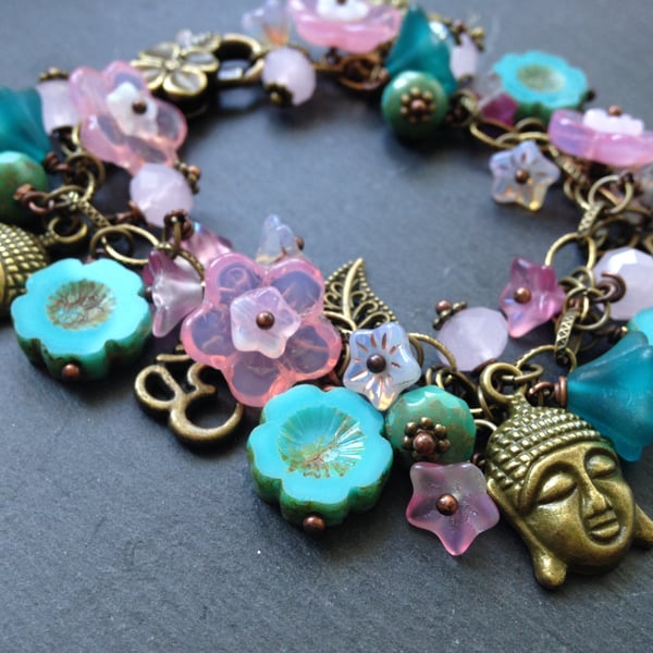 Buddha Charm Bracelet  Eastern Charm Bracelet Czech Glass