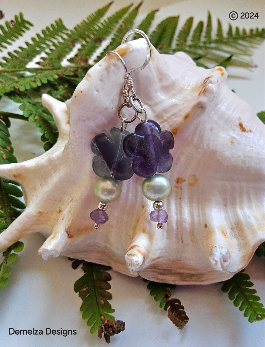 Fluorite & Freshwater Pearl, & Amethyst Stirling Silver Earrings