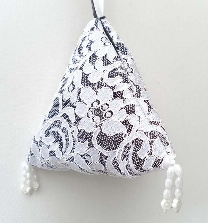 Bridal bag, Wedding, Evening Bag, White lace over black china silk