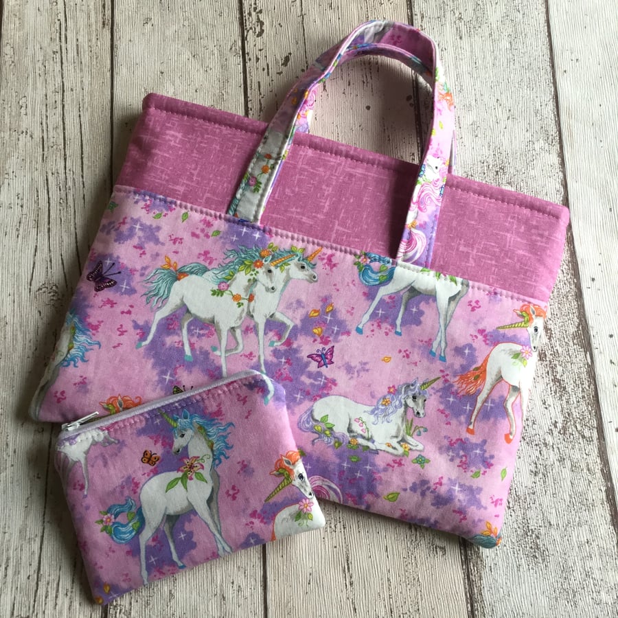 Pink Unicorn Themed Bag and Matching Zipped Coin Purse Set