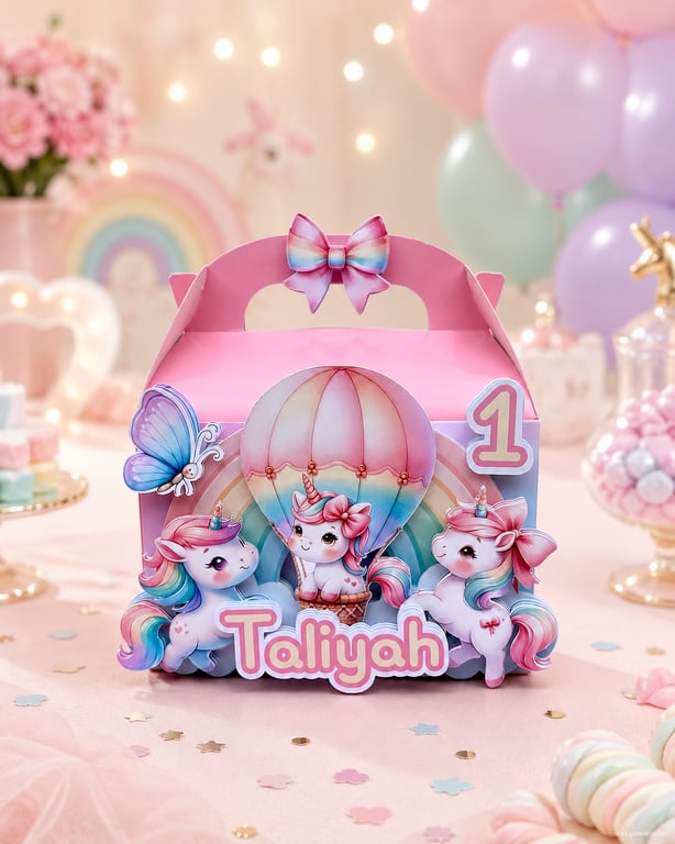 Personalised Unicorn Party Box Rainbow and baloons Pink Bow Unicorn Birthday