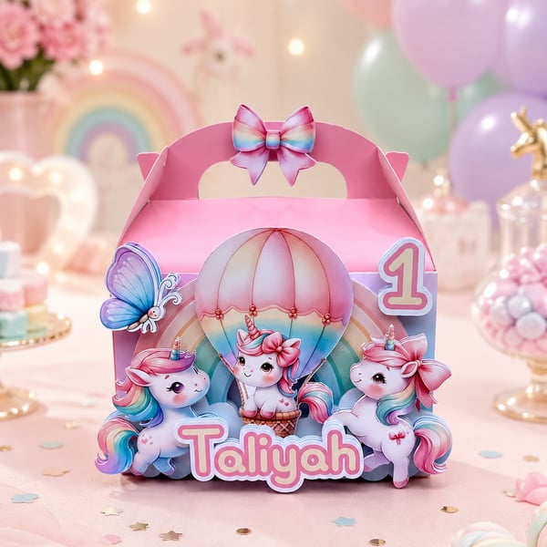 Personalised Unicorn Party Box Rainbow and baloons Pink Bow Unicorn Birthday