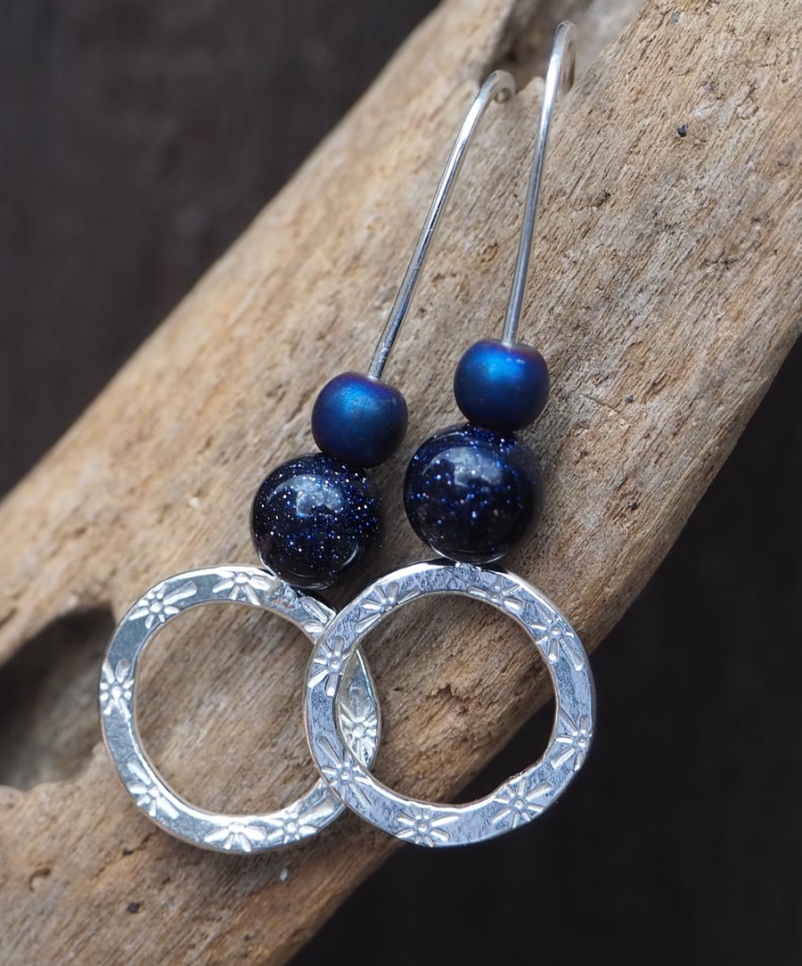 Hoops, Sterling silver dangle hoop earrings, hematite and blue goldstone hoops 