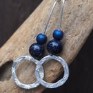 Hoops, Sterling silver dangle hoop earrings, hematite and blue goldstone hoops 