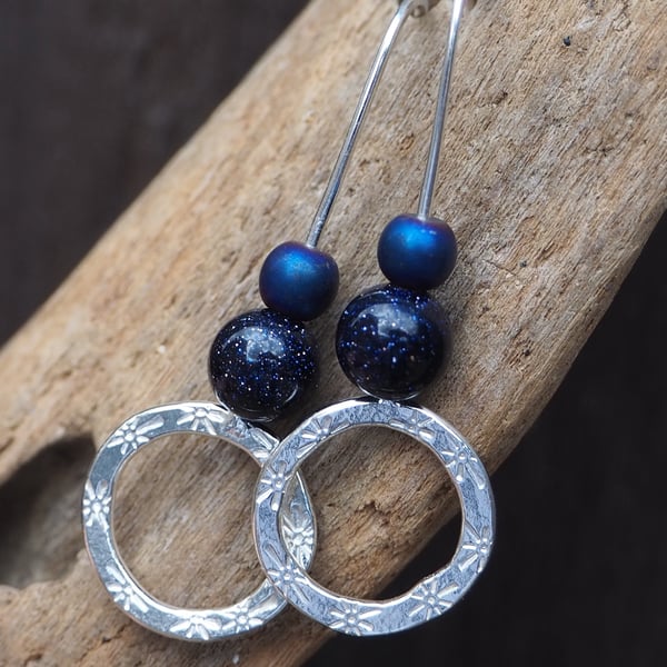 Star burst hoop earrings, silver ring earring hoops, blue goldstone and hematite