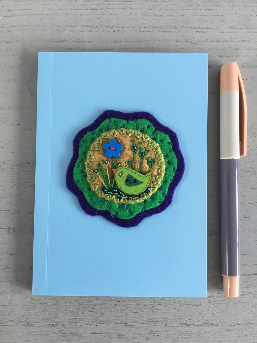 Hand Embroidered Garden Bird Notebook and Pen Set