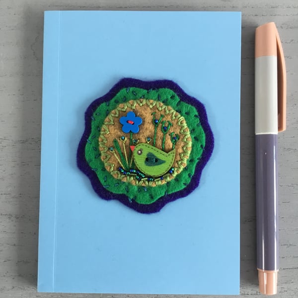 Hand Embroidered Garden Bird Notebook and Pen Set