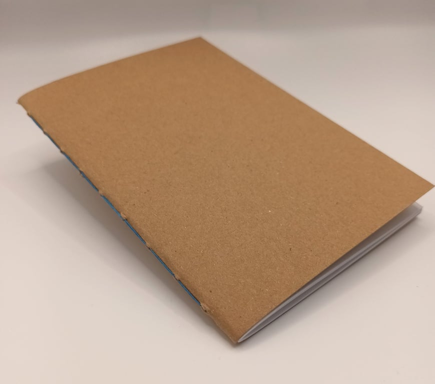 Hand bound, A6 Kraft cover Notebook, Bright Blue binding, White paper