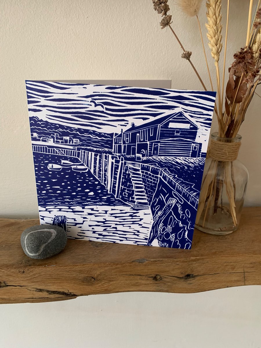 Original lino print art card of Lyme Regis Cobb buildings
