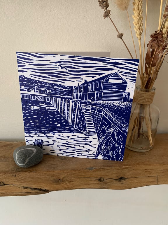 Original lino print art card of Lyme Regis Cobb buildings