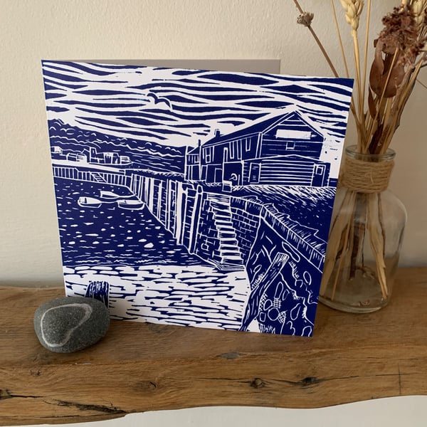 Original lino print art card of Lyme Regis Cobb buildings