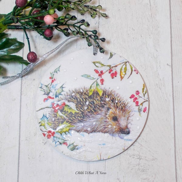 Hedgehog mixed media hanging decoration. Hedgehog ornament. Hedgehog decoration.