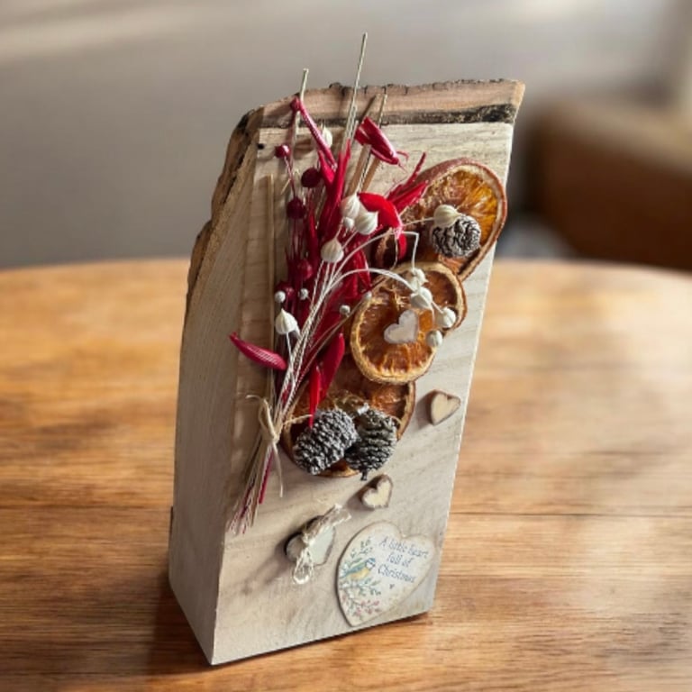 Handcrafted Red Oak Rustic Christmas Block Display. Live Edge Freestanding Decor