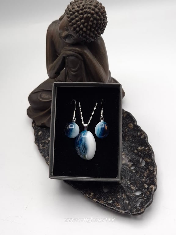 Blues Fused Glass Drop Hook Earrings and Pendant Set