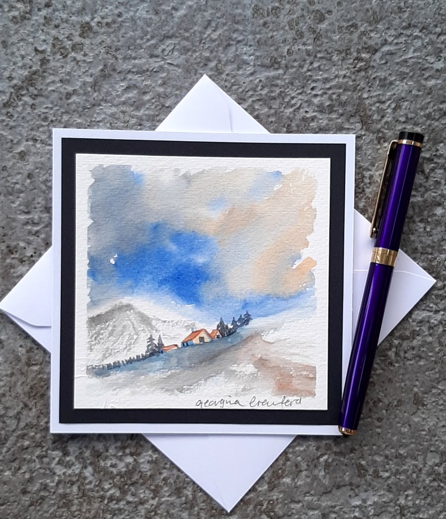 Handpainted Blank Card. Wee Village in the Glen