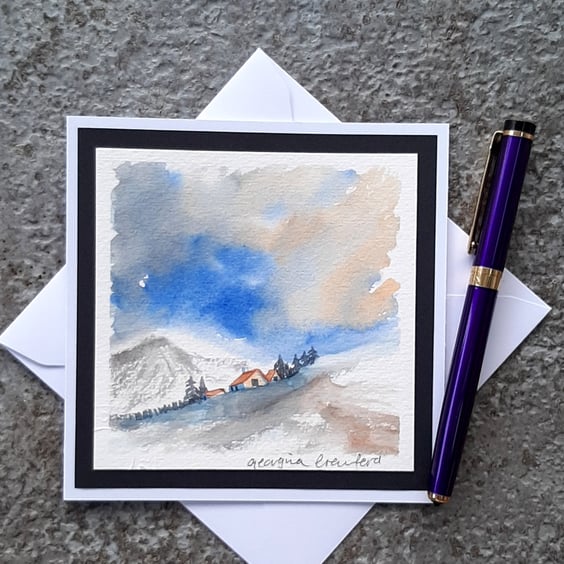 Handpainted Blank Card. Wee Village in the Glen