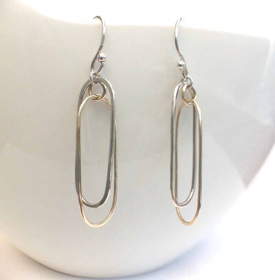 Handmade 9ct Gold & Sterling Silver Long Hoop Earrings