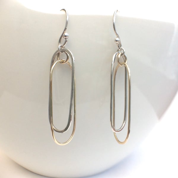 Handmade 9ct Gold & Sterling Silver Long Hoop Earrings