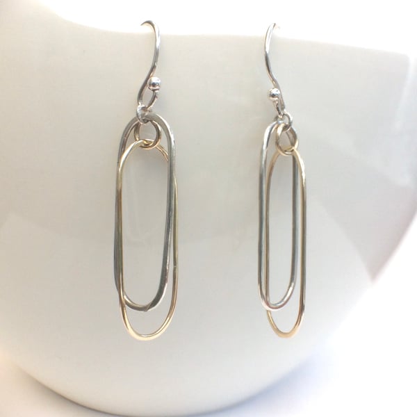 Handmade 9ct Gold & Sterling Silver Long Hoop Earrings