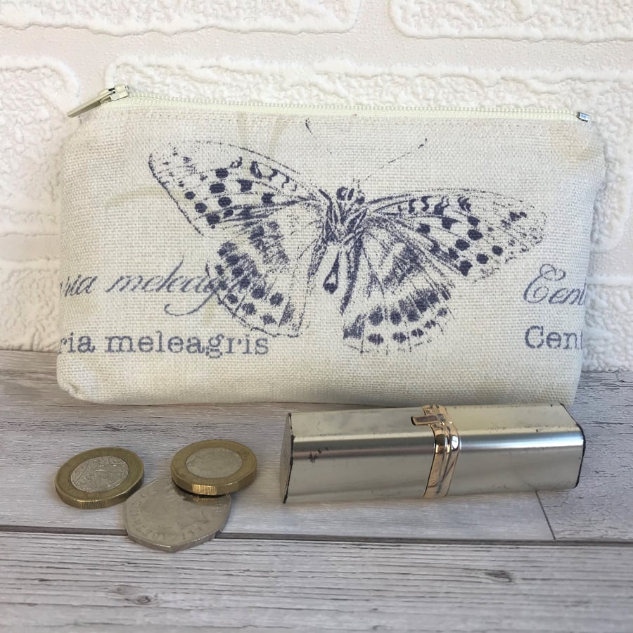 SALE, Large purse, coin purse in cream with dark blue butterfly