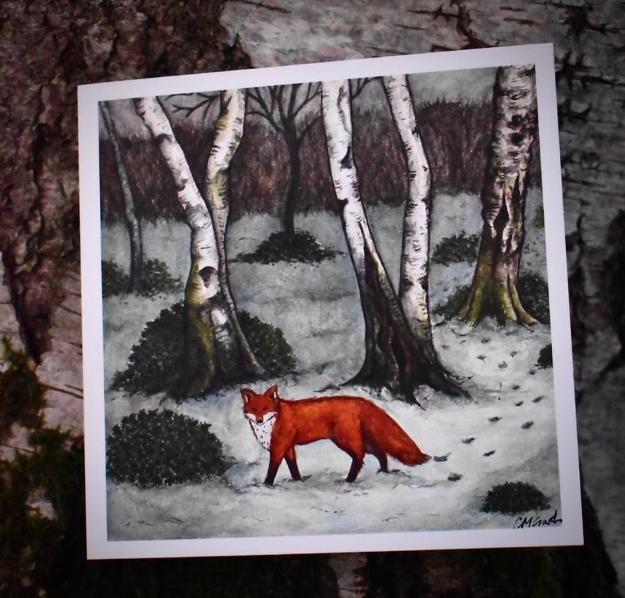 "Curious Fox in the Winter Woodland" Watercolour Greeting, Christmas Card (Blank