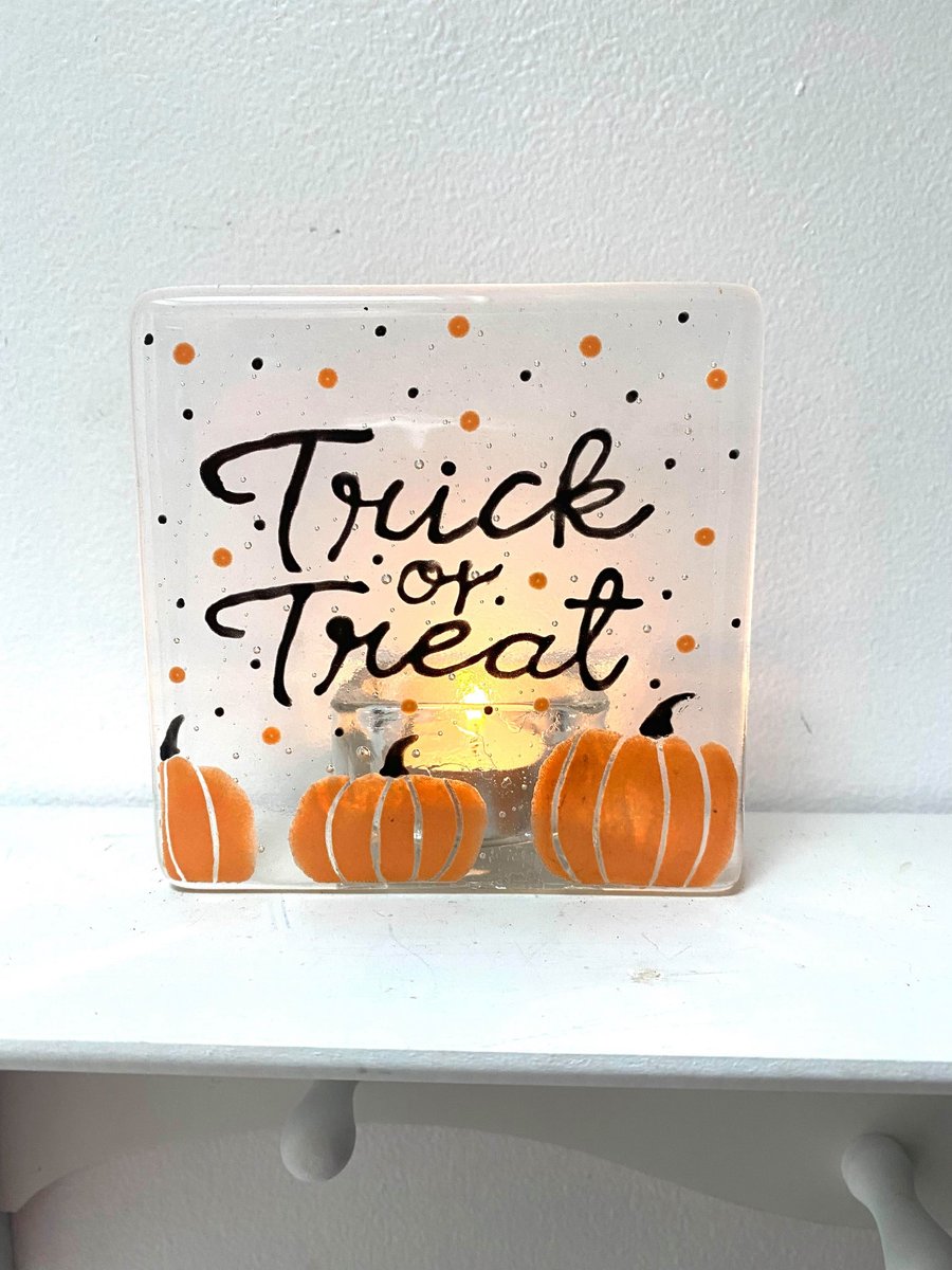 Fused Glass Trick or Treat Halloween Tealight Holder
