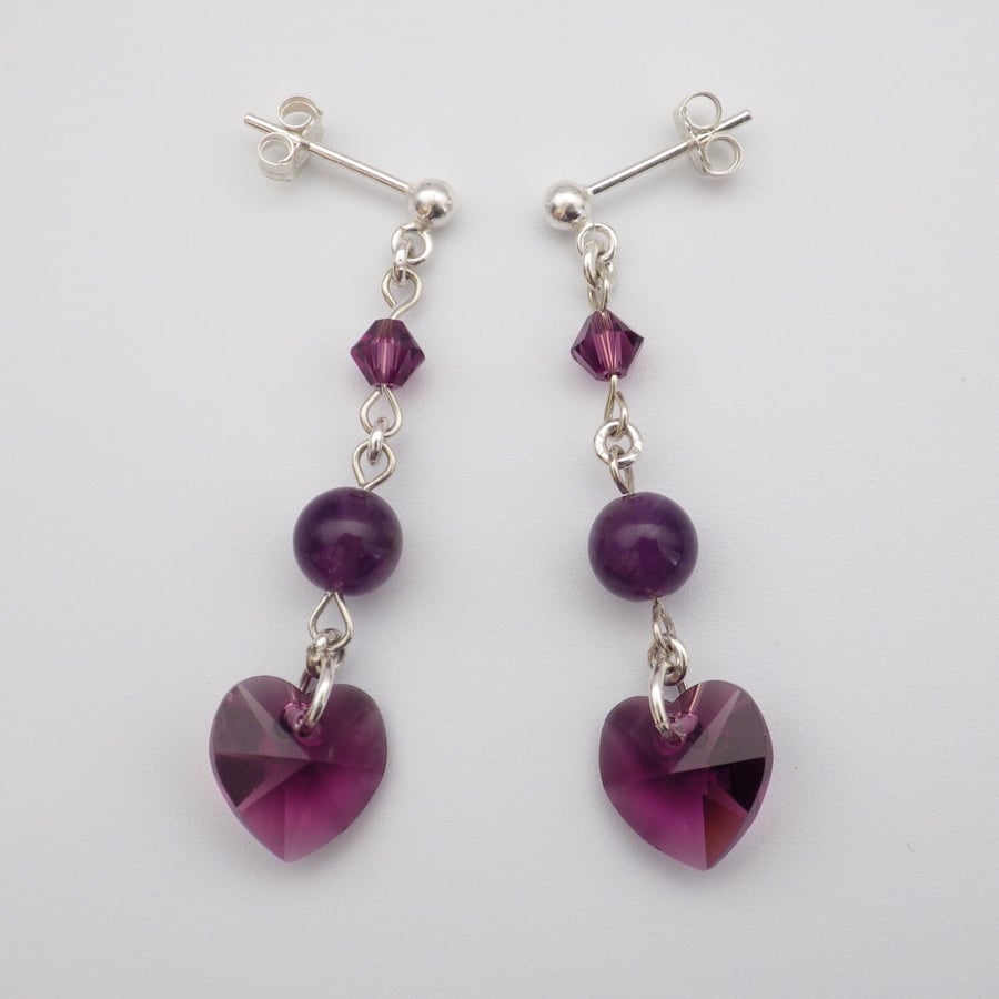 Sparkling Swarovski amethyst purple heart earrings with round amethyst beads