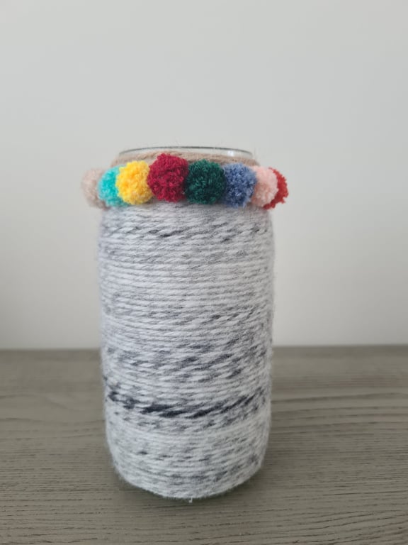 Handmade Grey Yarn Wrapped Glass Jar With Colourful PomPom Detail- Boho Decor