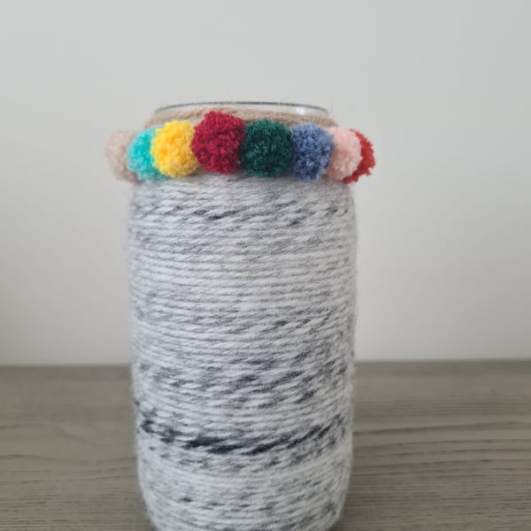 Handmade Grey Yarn Wrapped Glass Jar With Colourful PomPom Detail- Boho Decor