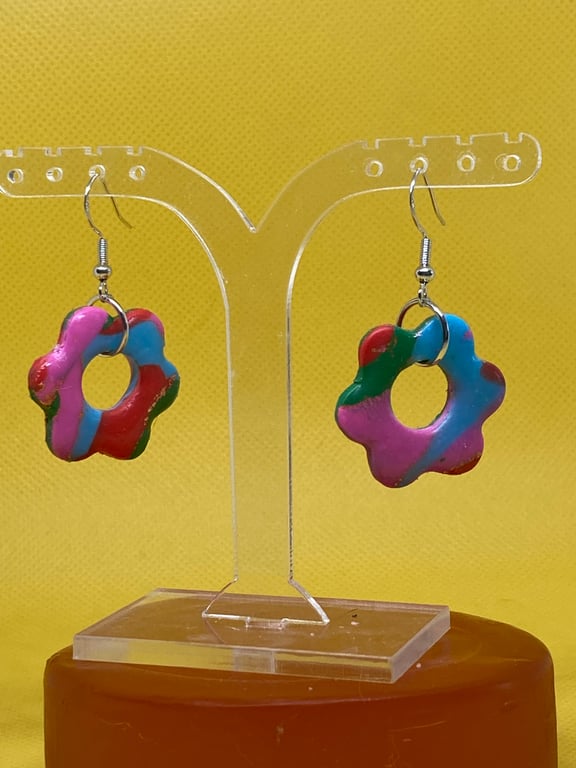 Handmade Polymer Clay Flower Earrings, Marbled Pink Blue Red Green, Dangle Earri
