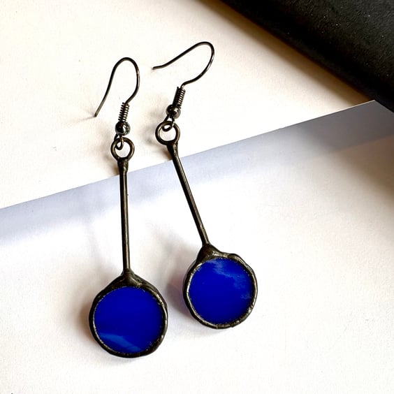 Royal blue stained glass circular statement dangle earrings, Mother's Day gift