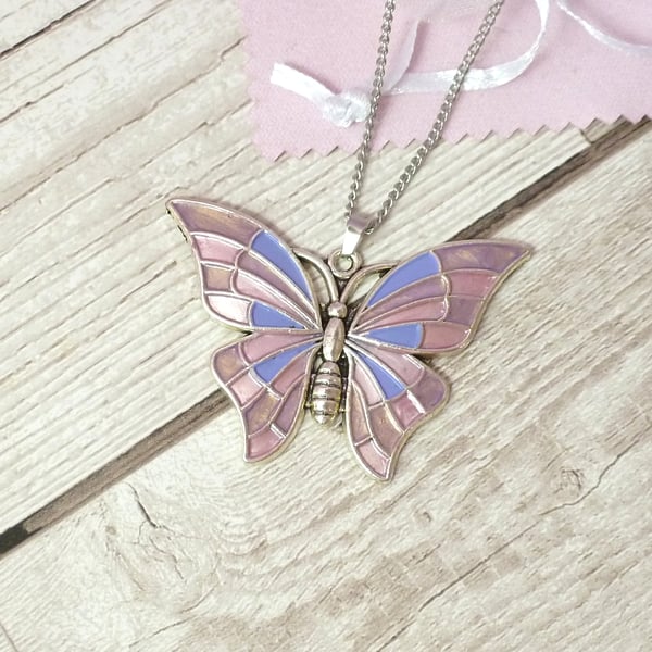Rose gold, pink and lilac handpainted butterfly necklace for women