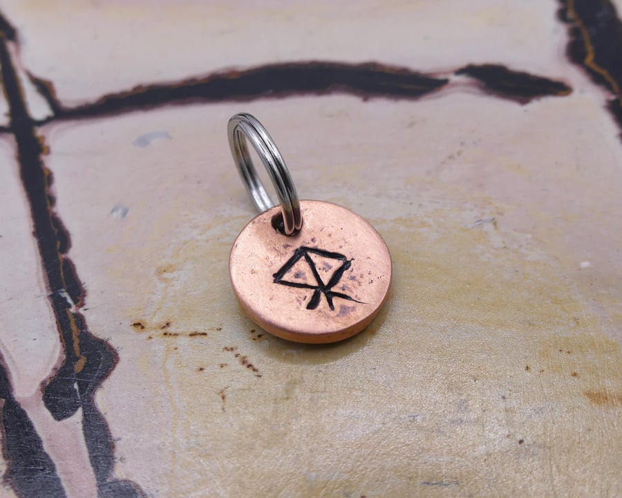 Recycled Round Copper Courage Bindrune Keyring Charm, Bag Charm.