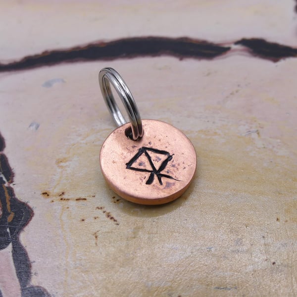 Recycled Round Copper Courage Bindrune Keyring Charm, Bag Charm.