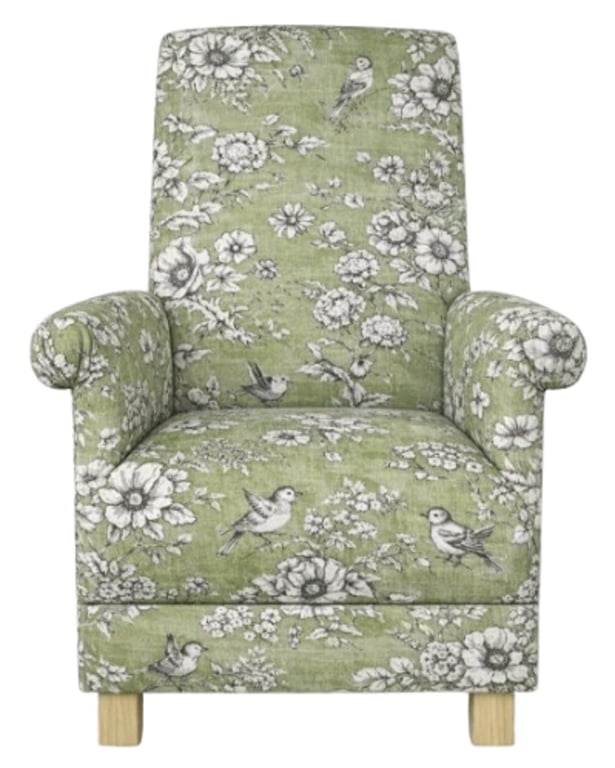 Fireside Chair Armchair Finch Toile Fabric Accent Birds Green Floral Adult