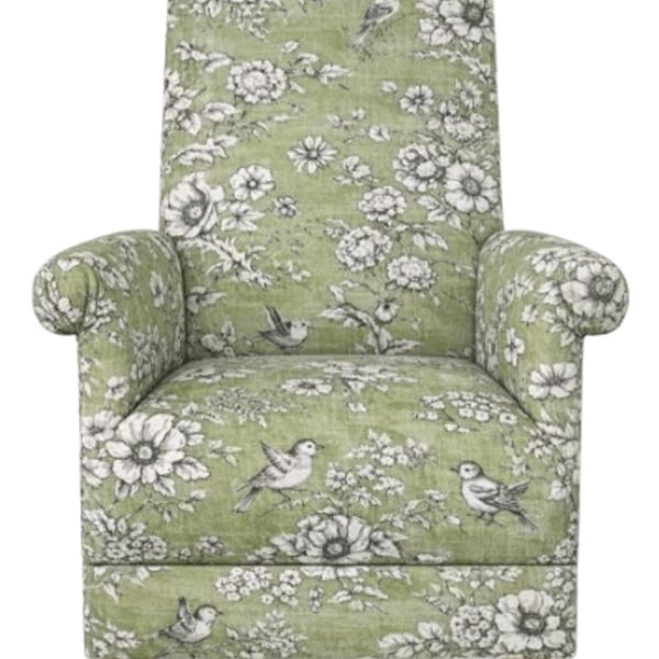 Fireside Chair Armchair Finch Toile Fabric Accent Birds Green Floral Adult