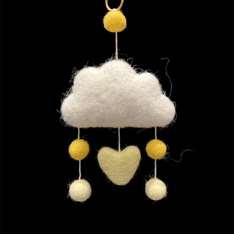 Felted small cloud wall hanging with coloured felt balls and heart (yellow)