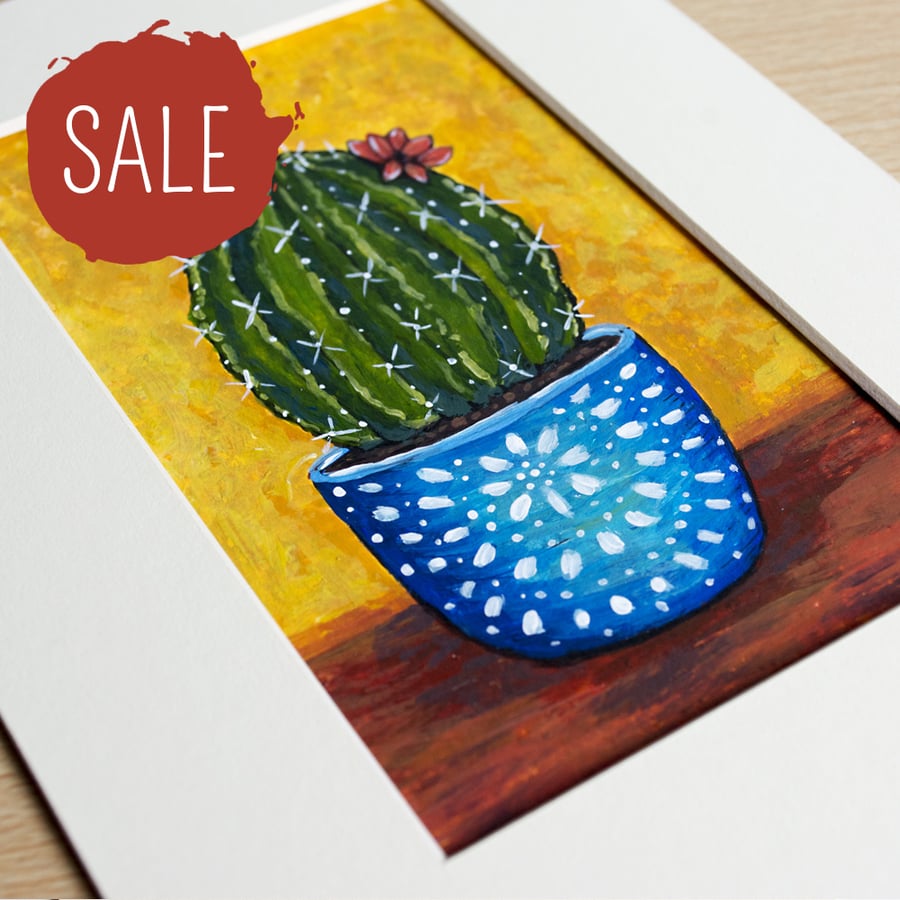 SALE - Flowering Cactus in Blue Pot - 5 x 3 Inch Mini Painting