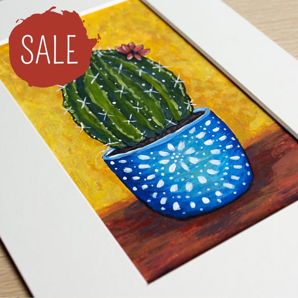 SALE - Flowering Cactus in Blue Pot - 5 x 3 Inch Mini Painting