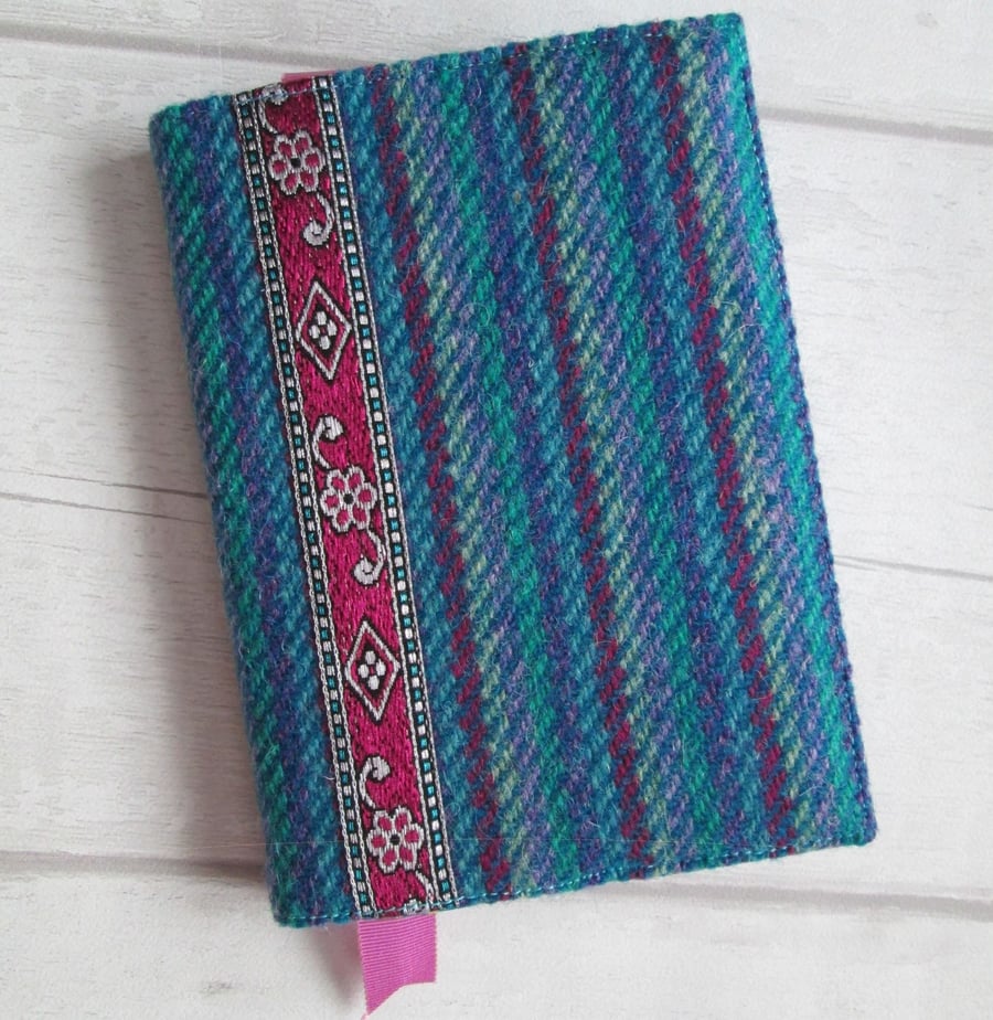 A6 'Harris Tweed®' Reusable Notebook Cover - Blue, Magenta & Turquoise Stripe