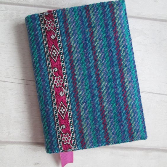 A6 'Harris Tweed®' Reusable Notebook Cover - Blue, Magenta & Turquoise Stripe