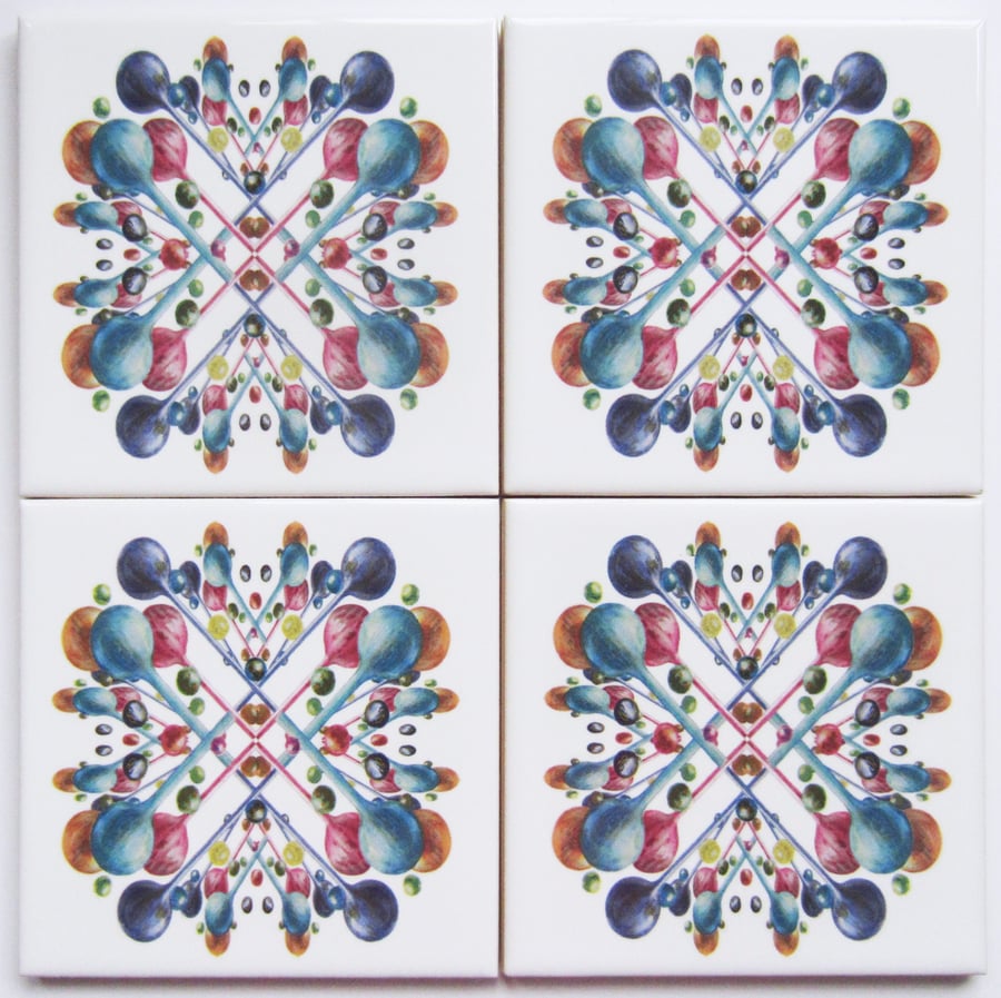 4 x Multicoloured Bubble Pattern Ceramic Tile Coasters with Cork Backing