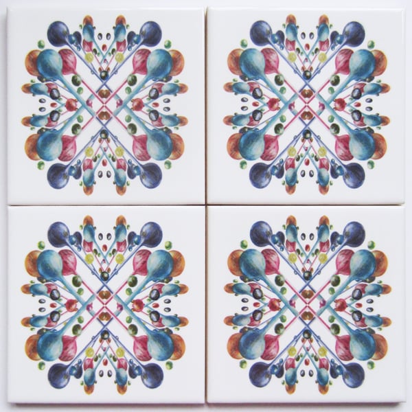 4 x Multicoloured Bubble Pattern Ceramic Tile Coasters with Cork Backing