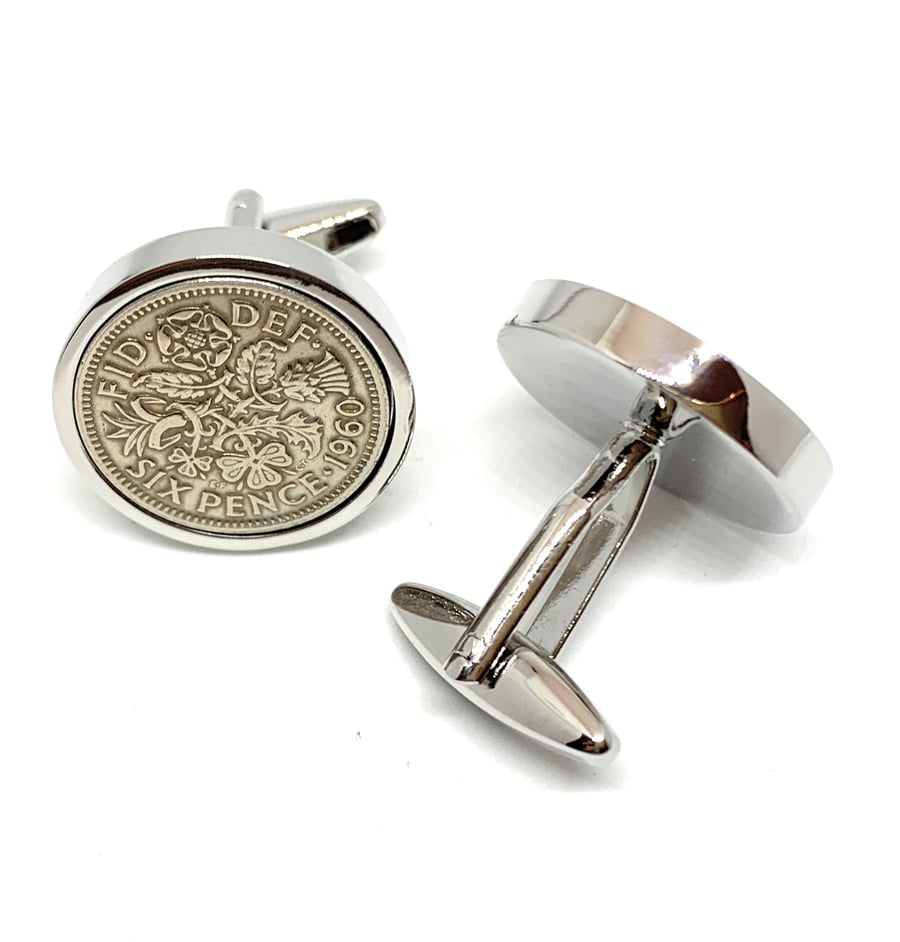 Premium 1960 Sixpence Cufflinks for a 64th birthday. 64th Birthday Gift, 1960 HT